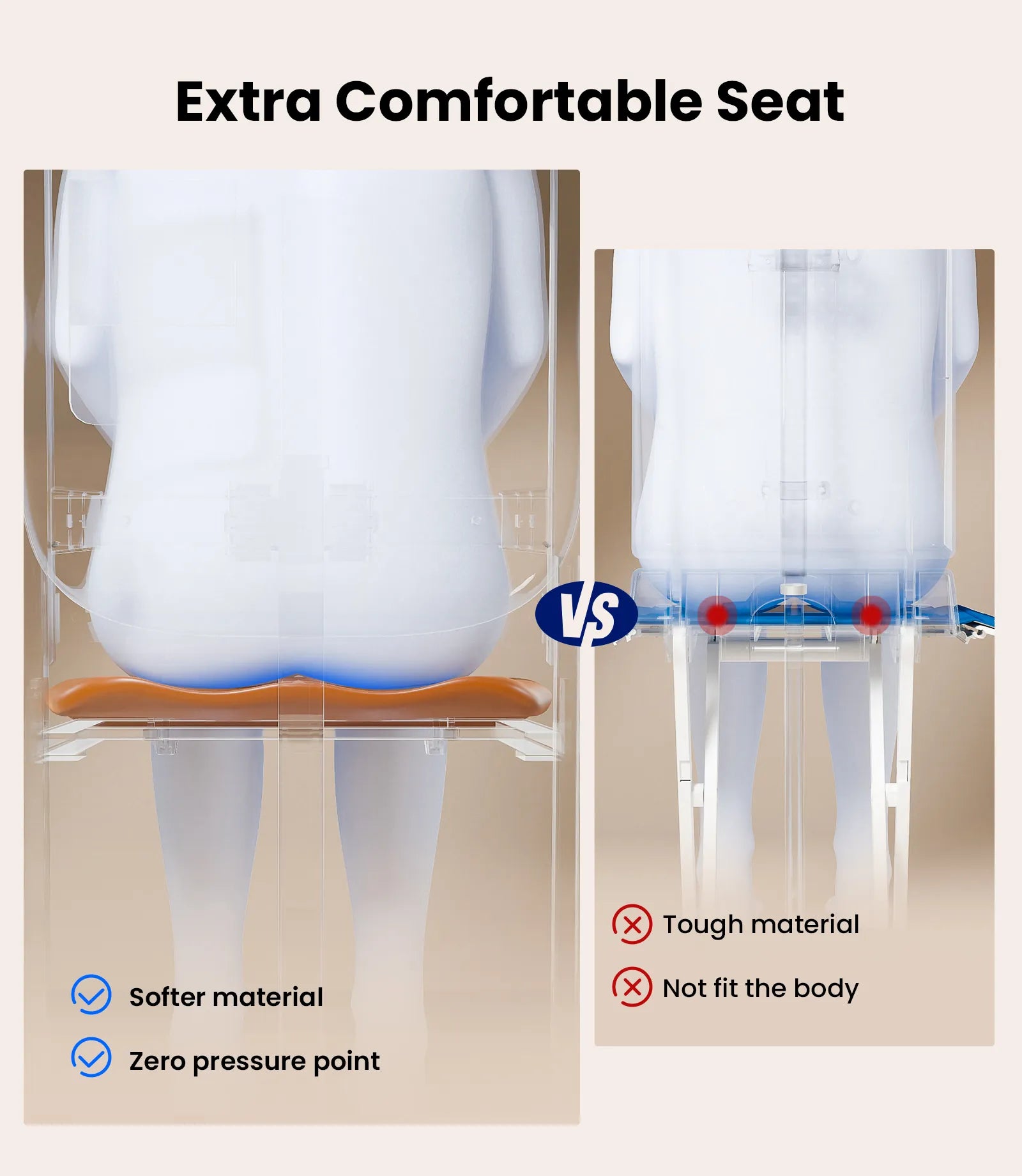 Comparison of softer vs tougher seat material with text highlighting comfort and fit.