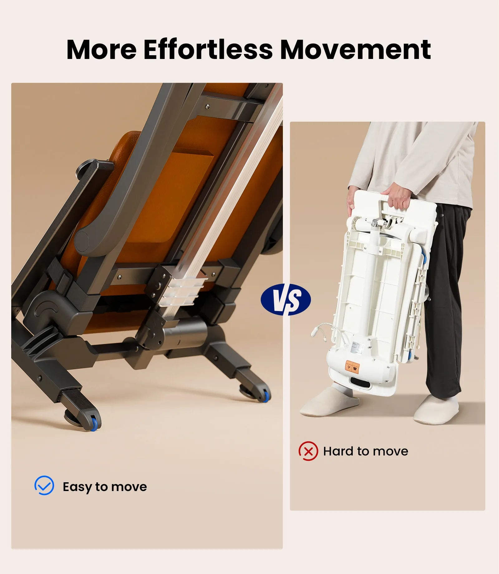 Comparison of a foldable chair and a difficult-to-move chair with text 'More Effortless Movement'.