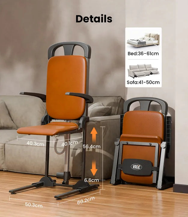 Adjustable chair with measurements and storage dimensions shown.