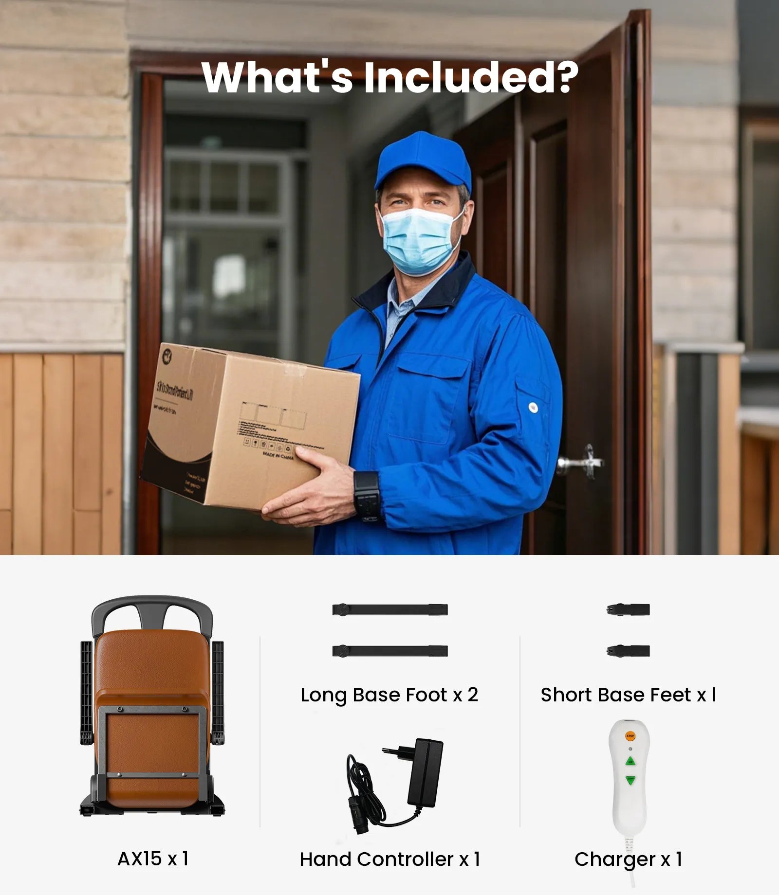 Delivery person with package and product components below