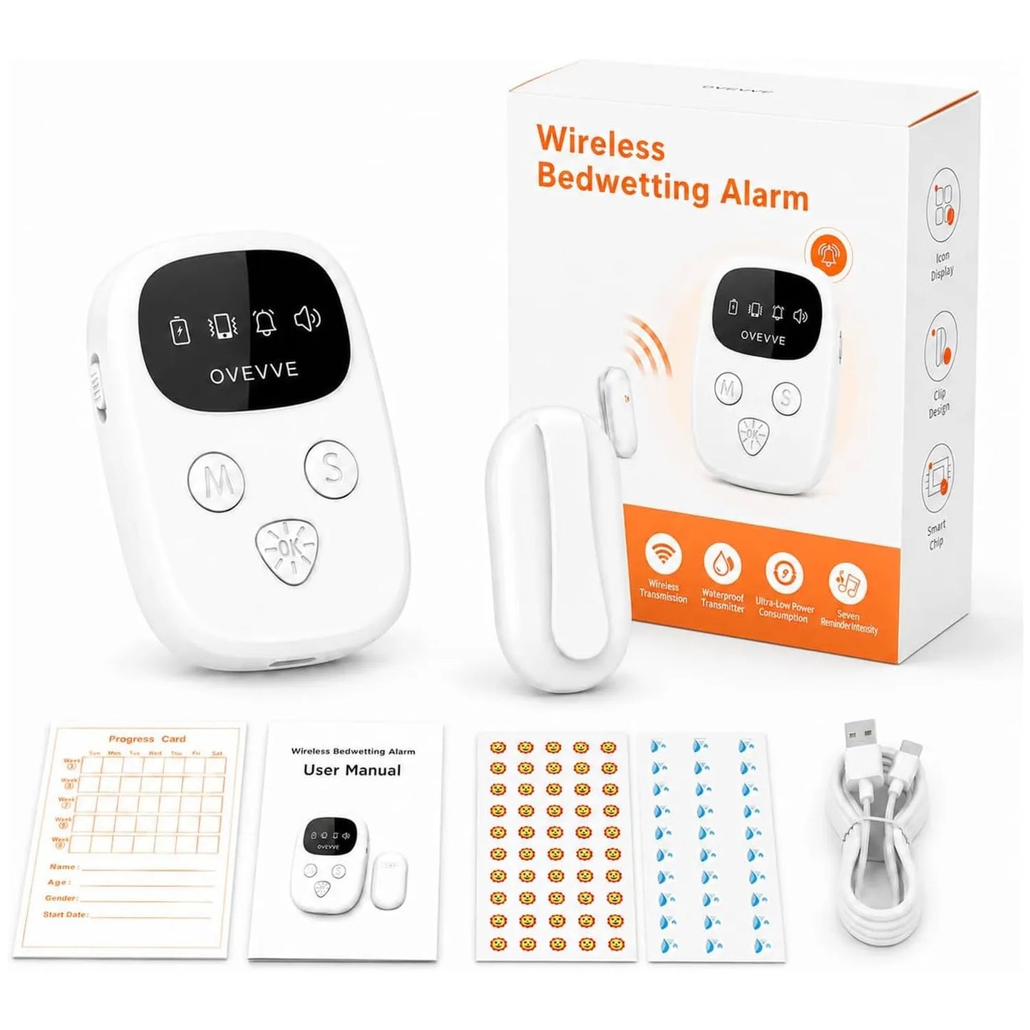 White wireless bedwetting alarm set with a main alarm unit, separate alarm piece, retail box, progress card, user manual, sticker sheet, and USB charging cable on a white background.