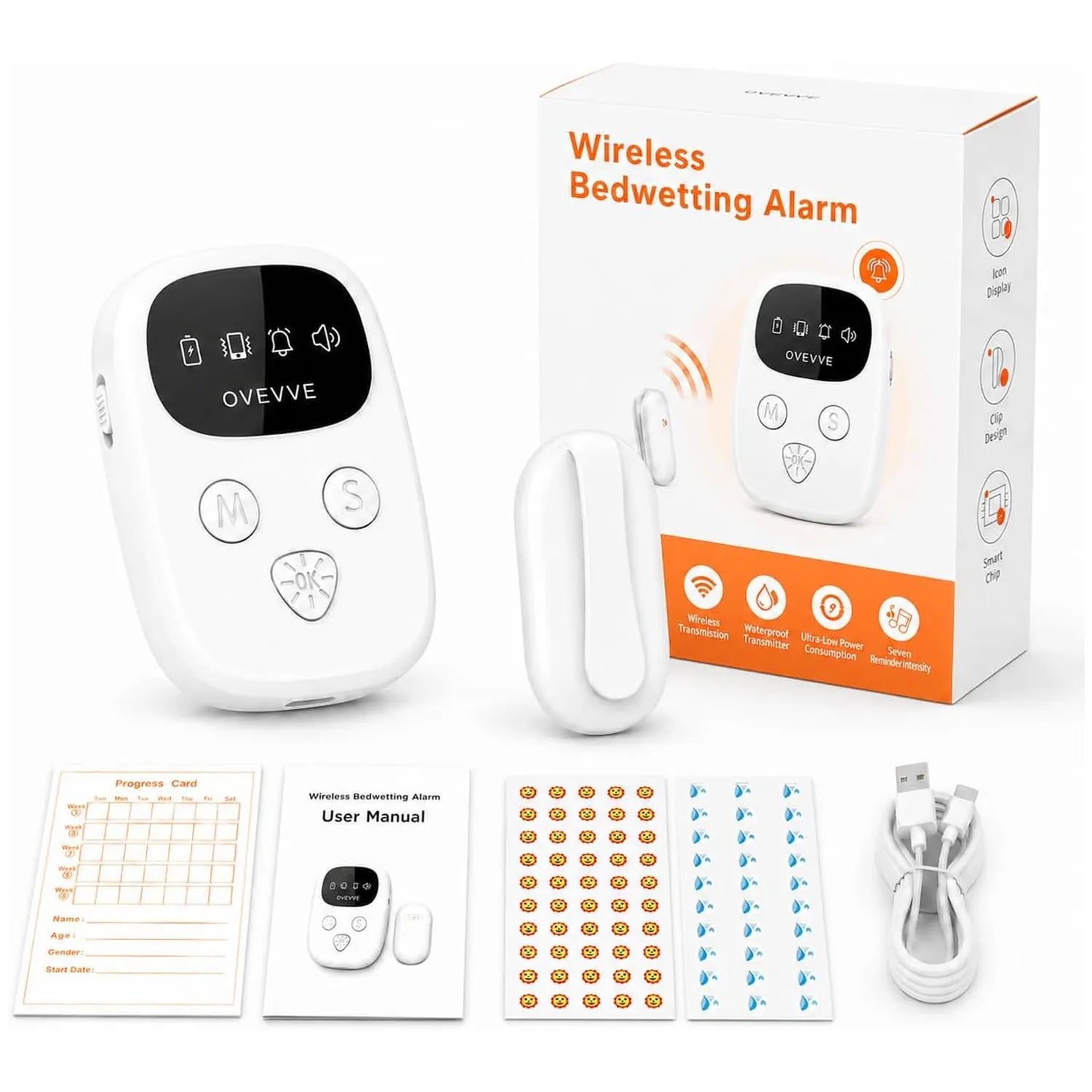White wireless bedwetting alarm set with a main alarm unit, separate alarm piece, retail box, progress card, user manual, sticker sheet, and USB charging cable on a white background.