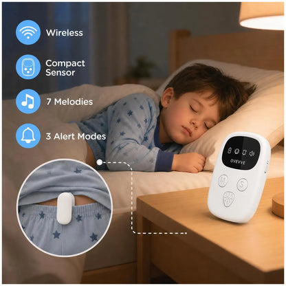 A child sleeping in bed next to a bedside table where a white wireless bedwetting alarm is placed. The image includes feature callouts: Wireless, Compact Sensor, 7 Melodies, and 3 Alert Modes, plus a circular inset showing the sensor clipped to clothing.