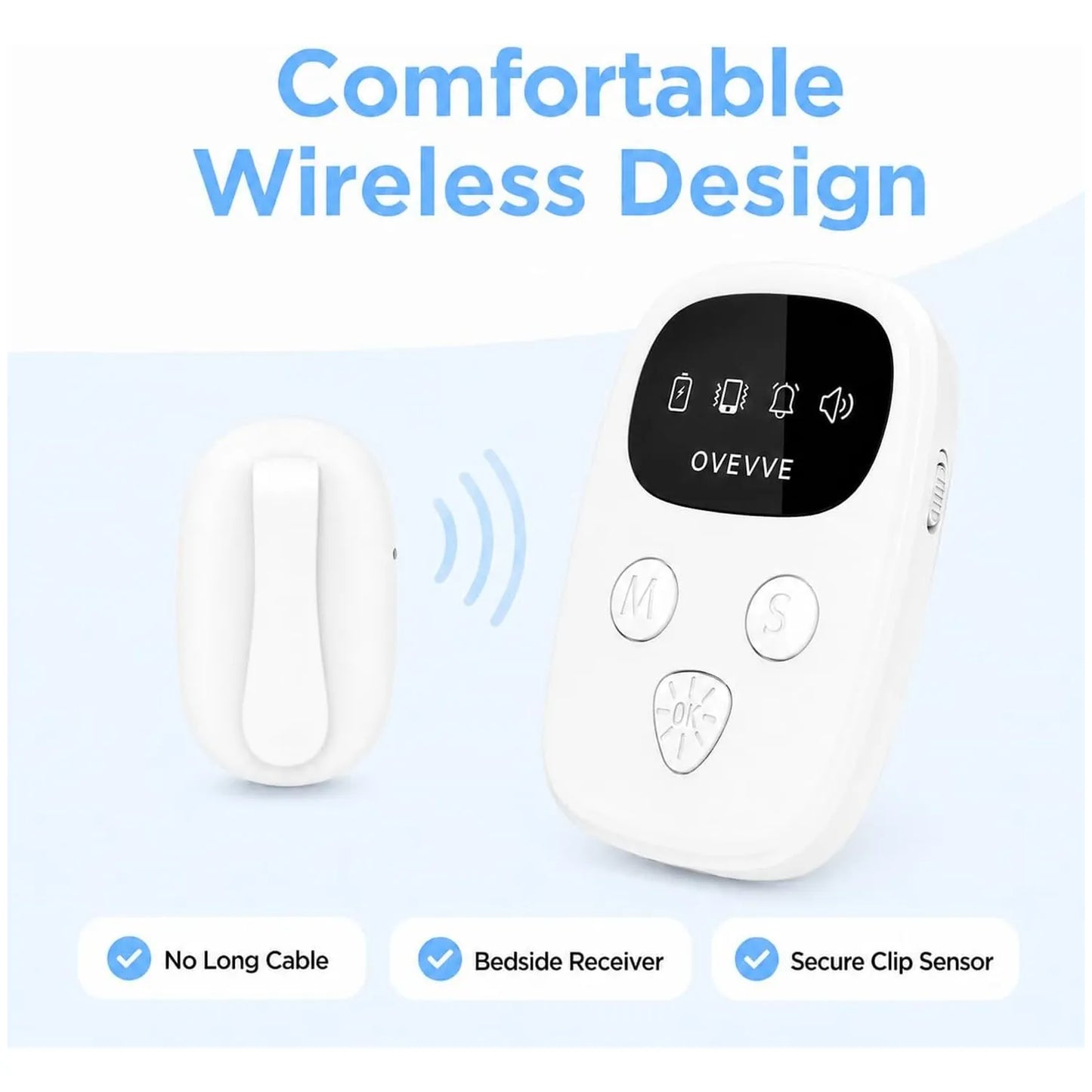 White wireless bedwetting alarm transmitter and matching receiver on a light blue background with marketing text reading 'Comfortable Wireless Design' and feature callouts.