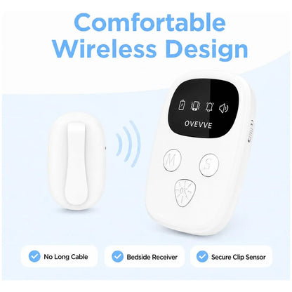 White wireless bedwetting alarm transmitter and matching receiver on a light blue background with marketing text reading 'Comfortable Wireless Design' and feature callouts.