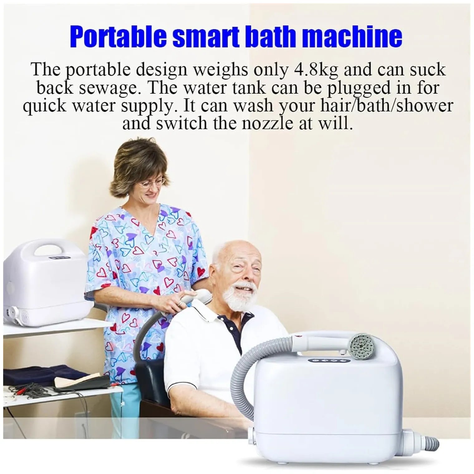 A portable white smart bath machine shown in a bathroom scene with an elderly man using it while a woman stands beside him. Large blue text at the top reads 'Portable smart bath machine' with descriptive copy below.