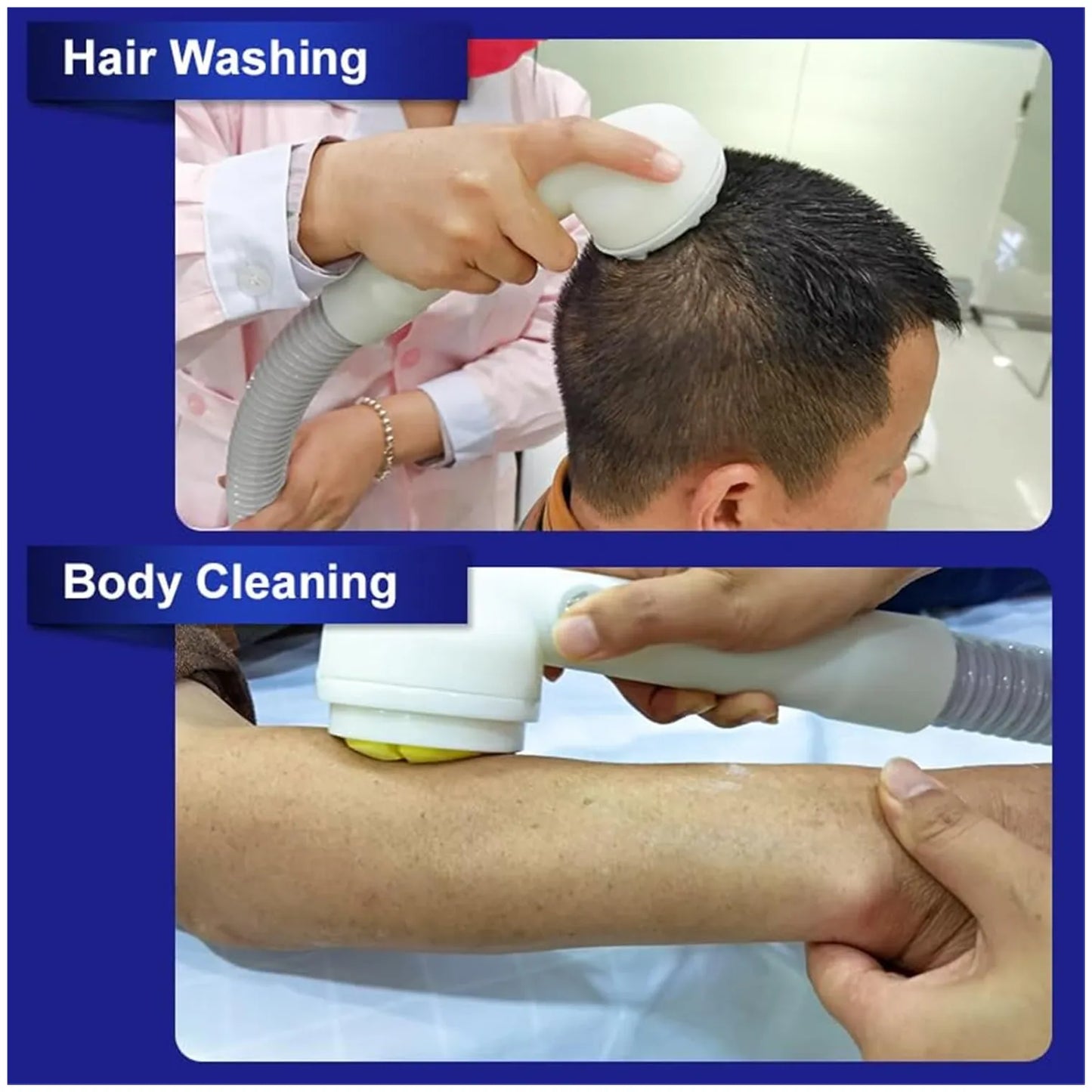 A two-panel demonstration showing a handheld white body-cleaning device being used for hair washing on a person's head and for body cleaning on an arm, with blue title bars reading 'Hair Washing' and 'Body Cleaning'.