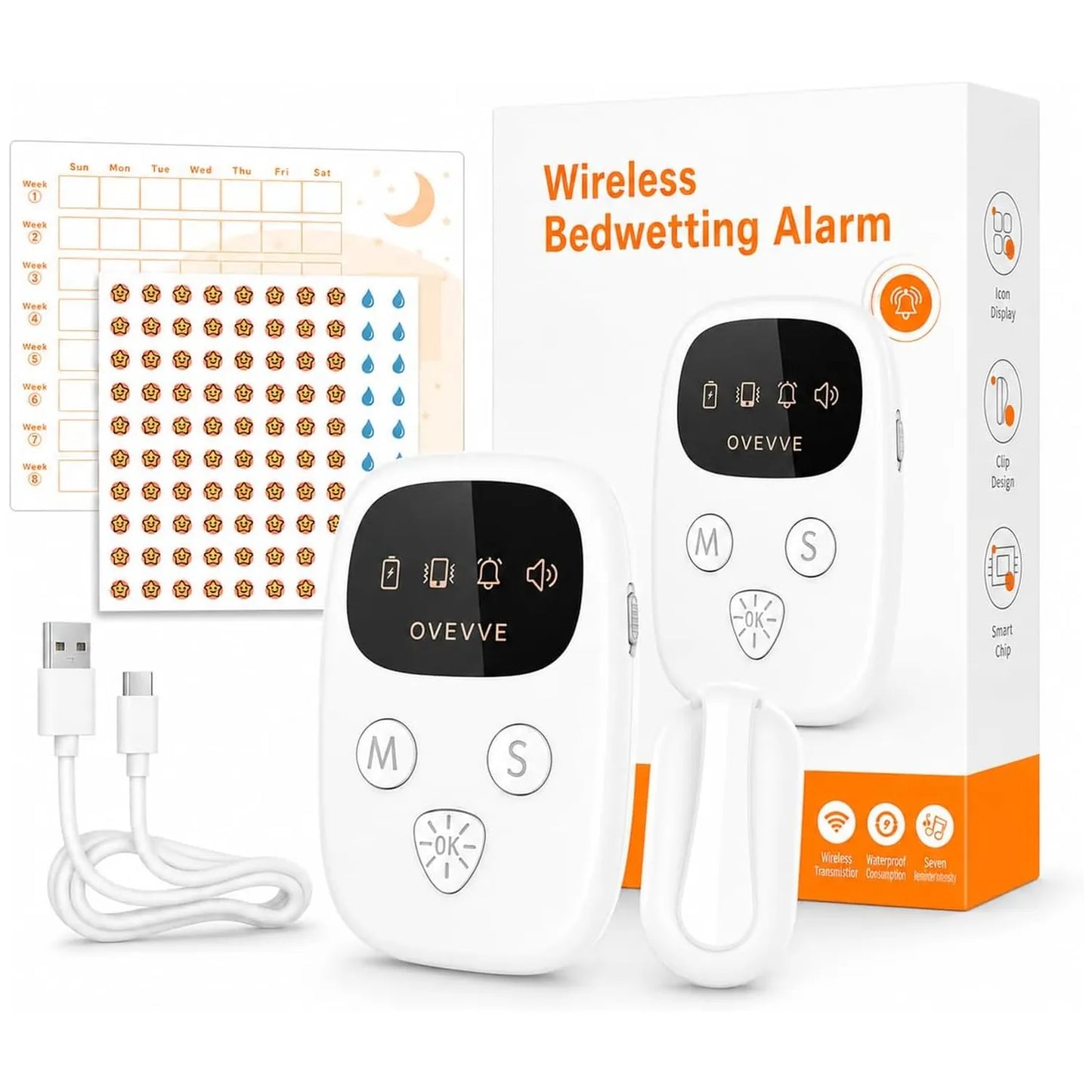 White wireless bedwetting alarm set with a small sensor clip, a larger alarm with a wrist strap, a USB charging cable, a printed instruction chart, and the retail box on a clean white background.