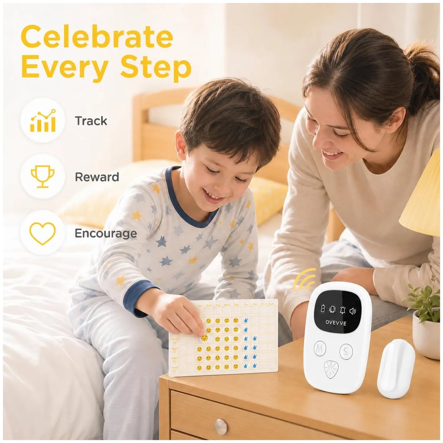 A child in star-patterned pyjamas uses a white tracking board with coloured dots while a woman sits beside him on a bed. The product shown is a white wireless bedwetting device and a small white sensor on a bedside table.
