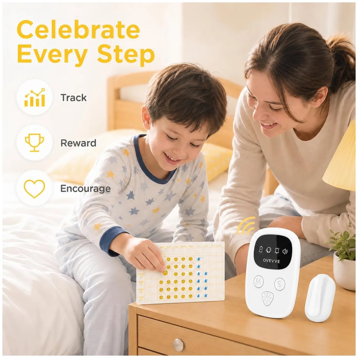 A child in star-patterned pyjamas uses a white tracking board with coloured dots while a woman sits beside him on a bed. The product shown is a white wireless bedwetting device and a small white sensor on a bedside table.