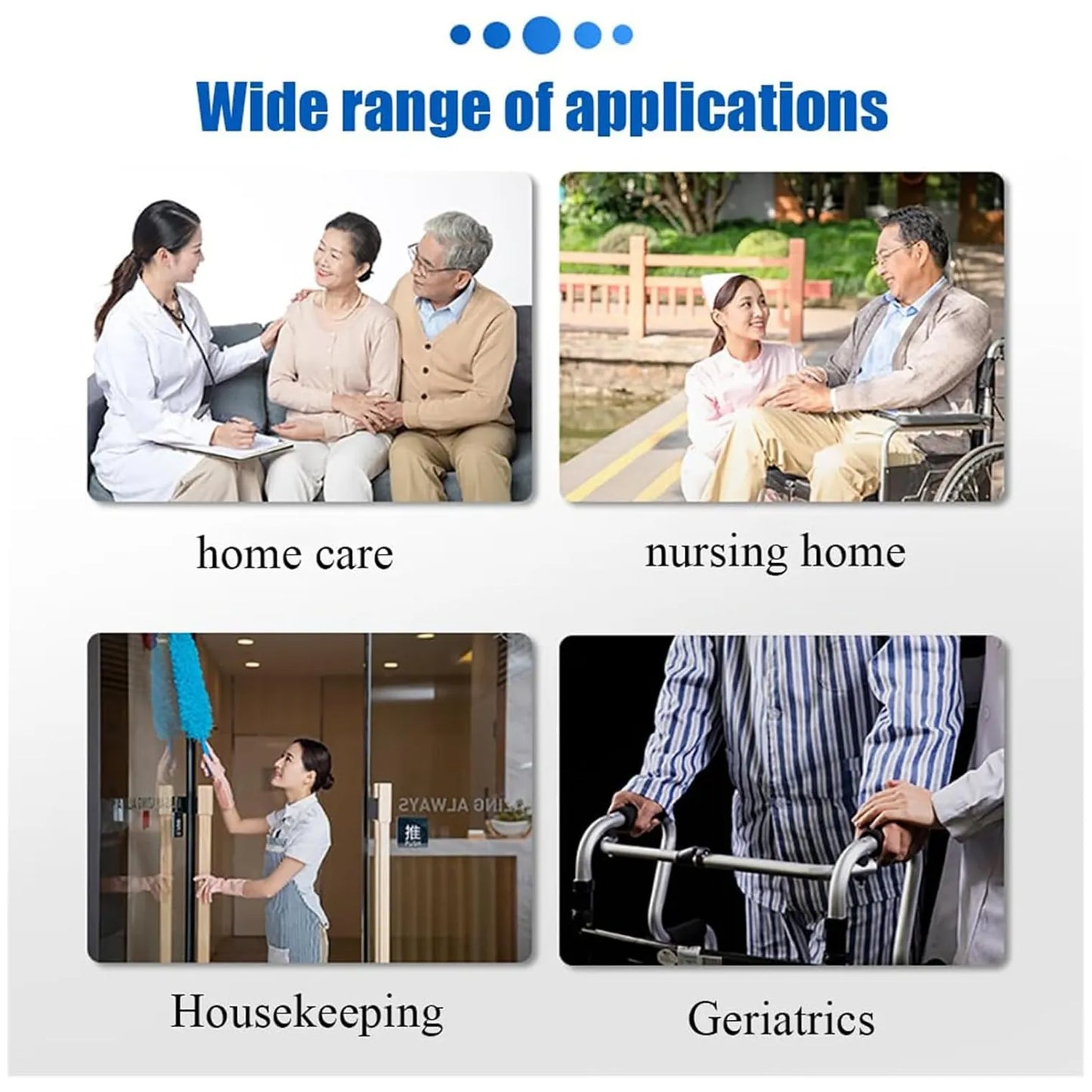 A promotional collage for a portabel shower device with the heading 'Wide range of applications' and four inset photos labelled 'home care,' 'nursing home,' 'Housekeeping,' and 'Geriatrics,' showing caregivers assisting people in different settings.