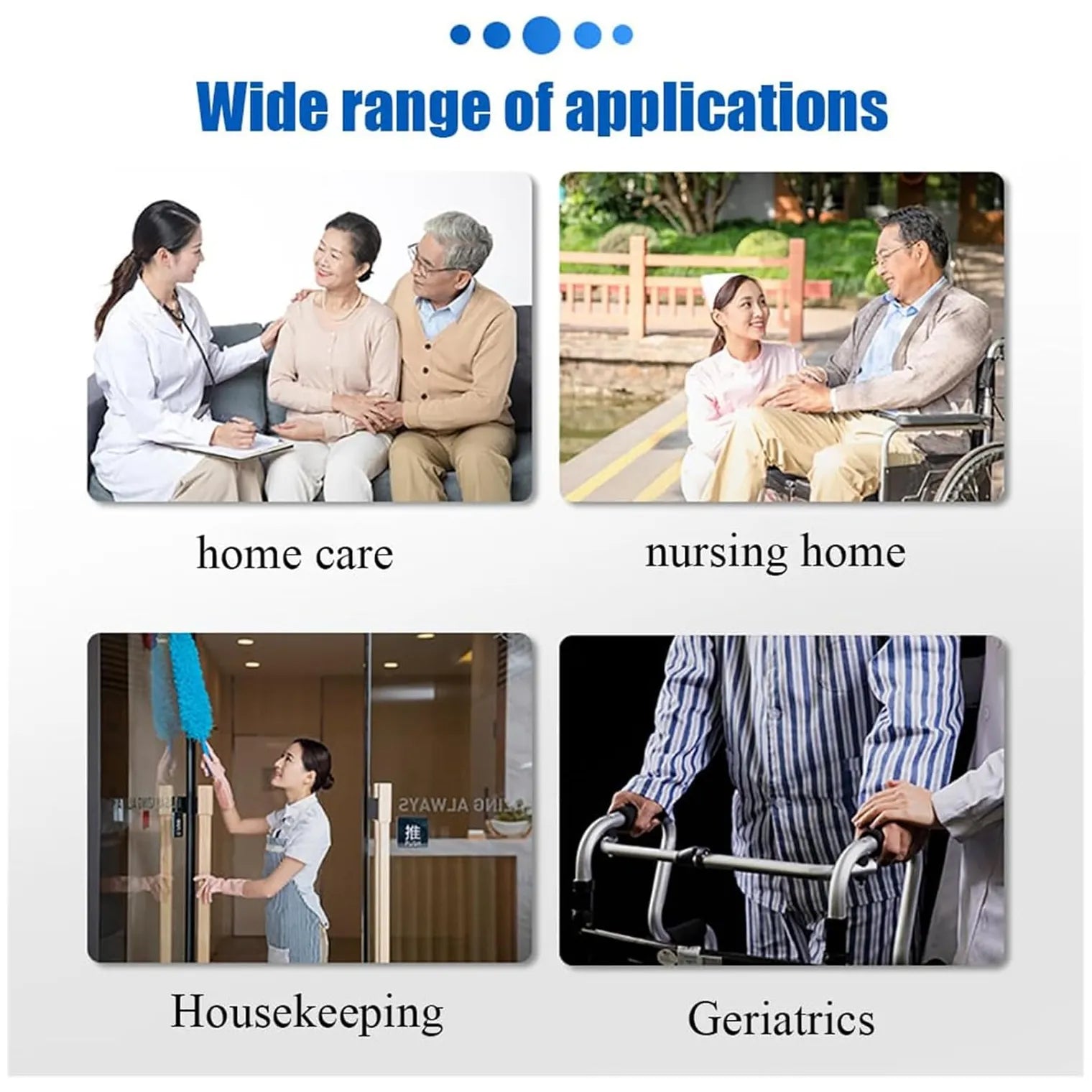 A promotional collage for a portabel shower device with the heading 'Wide range of applications' and four inset photos labelled 'home care,' 'nursing home,' 'Housekeeping,' and 'Geriatrics,' showing caregivers assisting people in different settings.