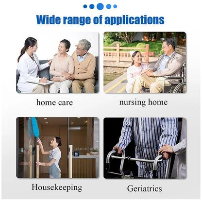 A promotional collage for a portabel shower device with the heading 'Wide range of applications' and four inset photos labelled 'home care,' 'nursing home,' 'Housekeeping,' and 'Geriatrics,' showing caregivers assisting people in different settings.