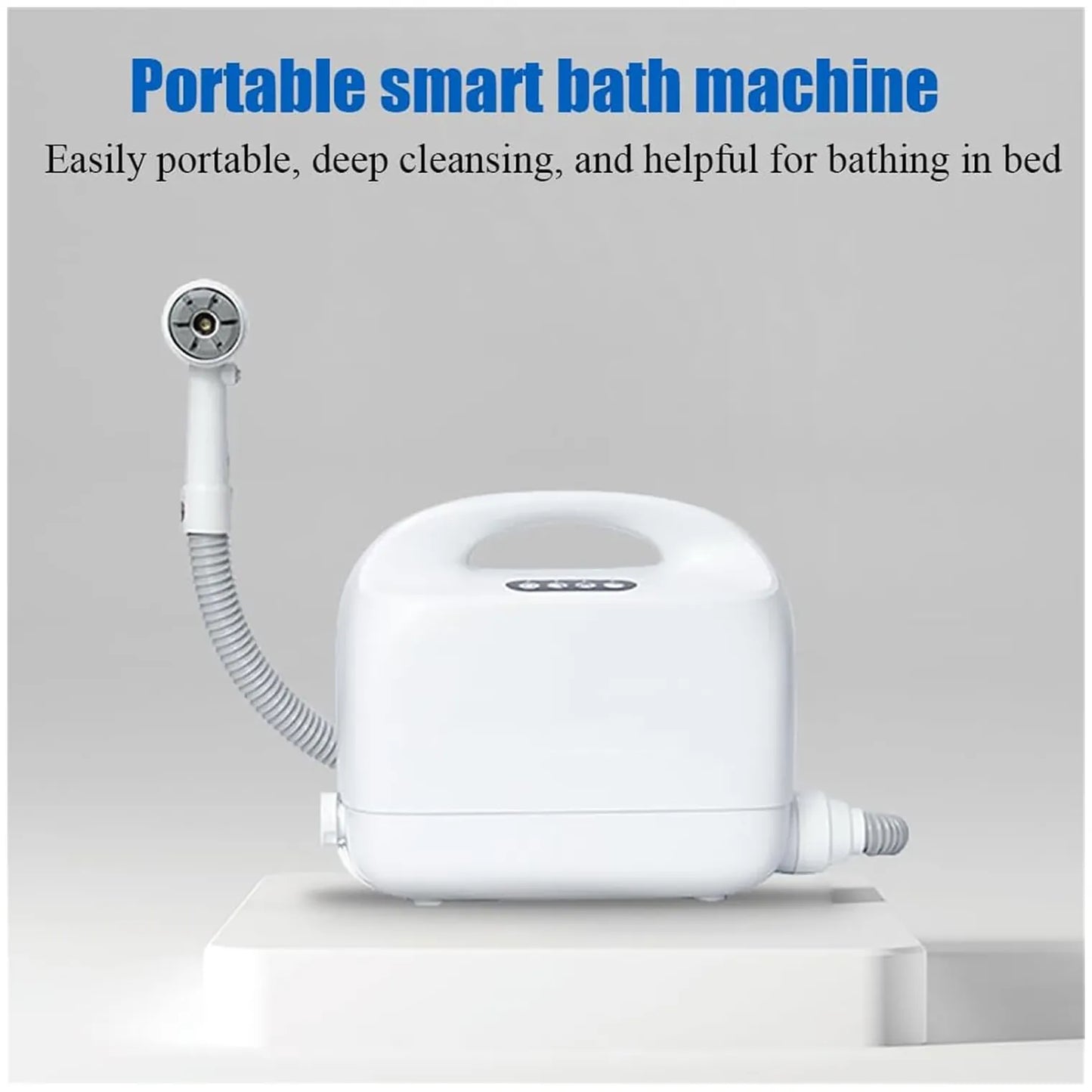 A portable white smart bath machine with a flexible hose and shower head attachment, shown on a light gray background with promotional text at the top.