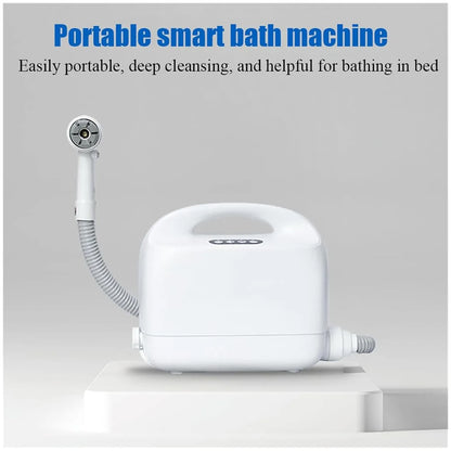 A portable white smart bath machine with a flexible hose and shower head attachment, shown on a light gray background with promotional text at the top.