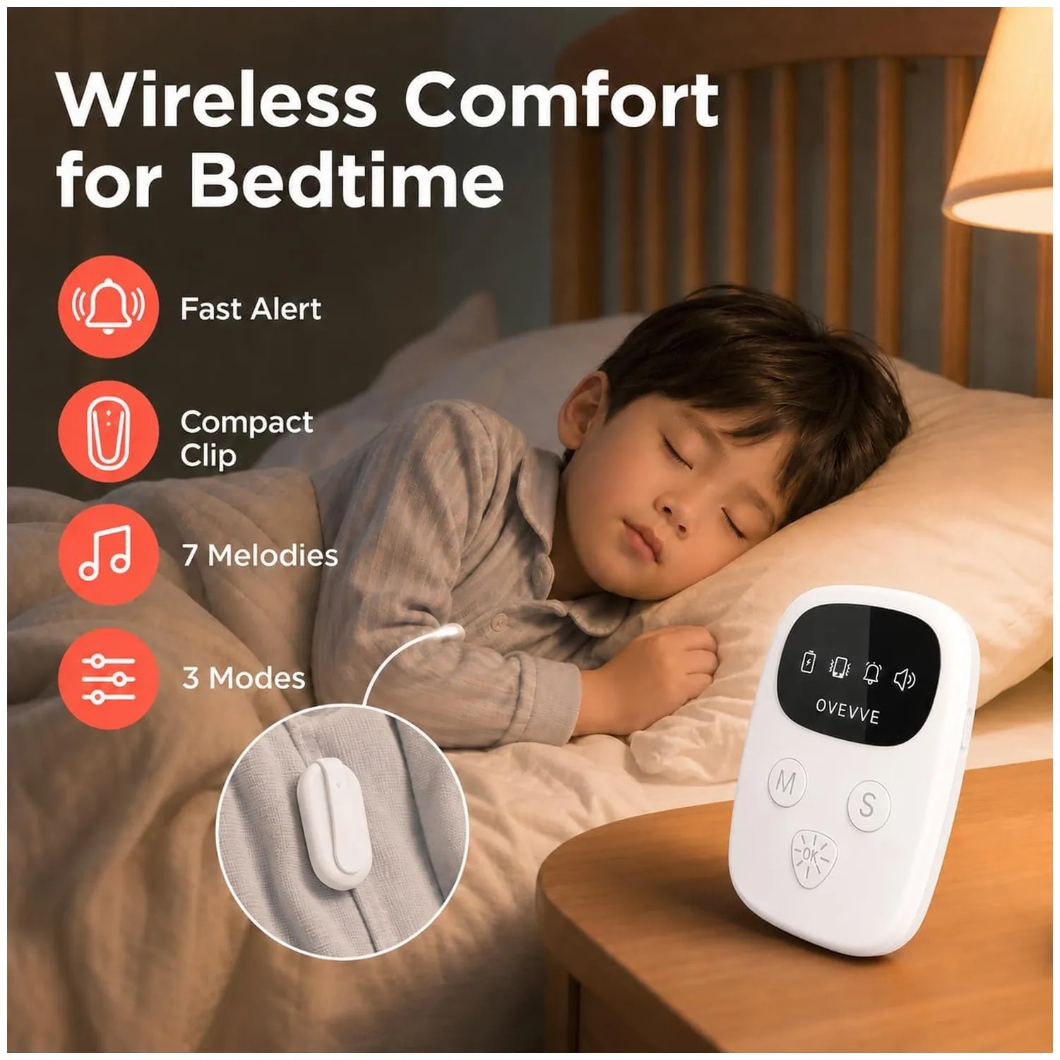A child sleeping peacefully in bed next to a bedside table with a white wireless bedwetting alarm device. The left side features promotional text and icons highlighting product features: fast alerts, compact clip, 7 melodies, and 3 modes, with a circular inset showing the clip attached to a gray shirt.