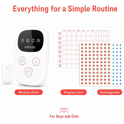 White wireless bedwetting alarm device with a small display and buttons, shown alongside a progress card, and stickers, and a small remote sensor on a white background with red text.