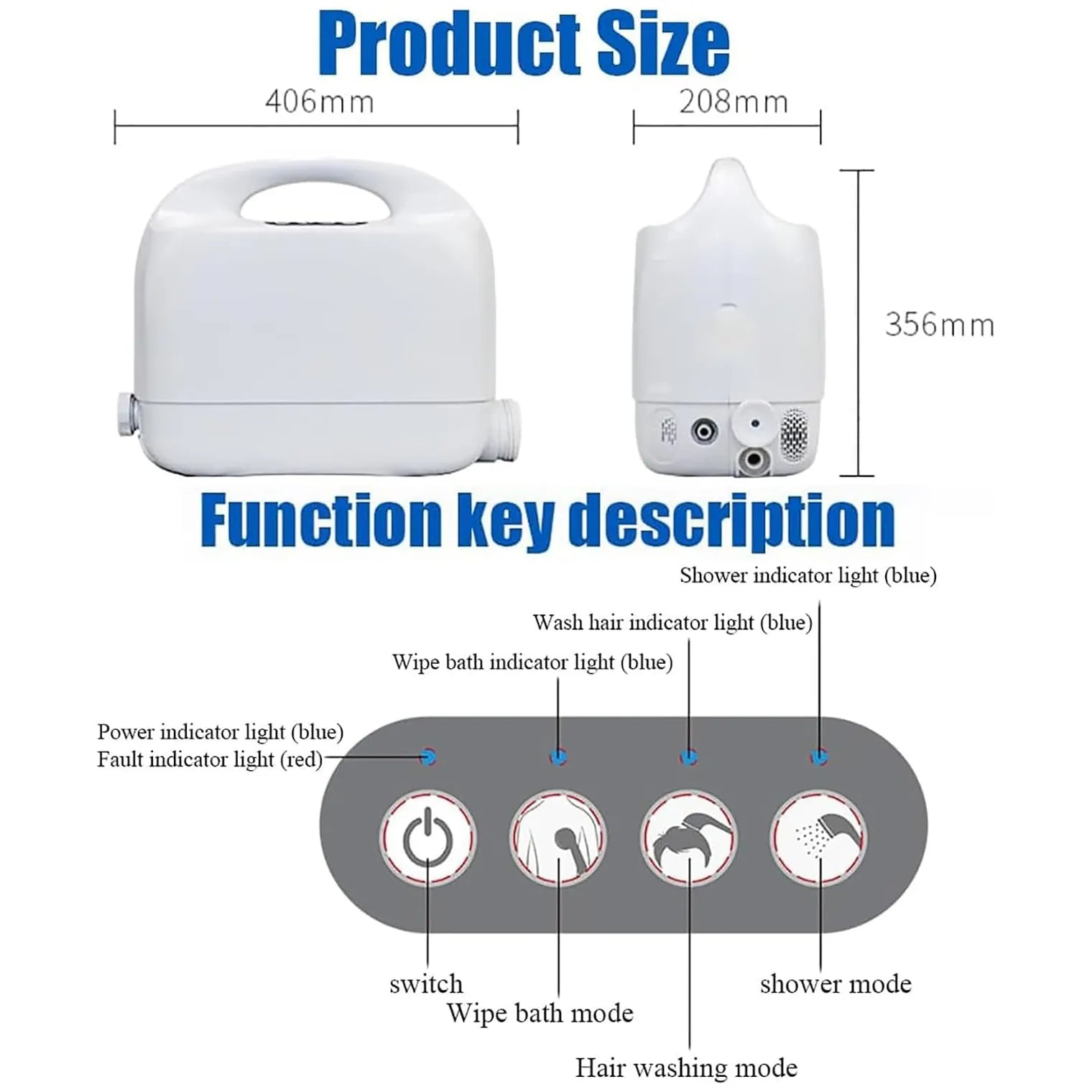 Product size and function key diagram for a white hair washing machine, showing front and back dimensions (406mm x 208mm x 356mm) and labeled control icons for switch, wipe bath mode, shower mode, and shower indicator light.