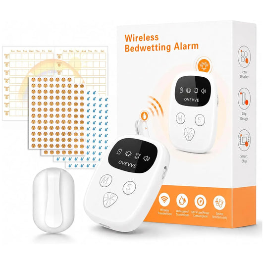 White wireless bedwetting alarm device shown with its retail box, a small matching alarm receiver, and a printed feature graphic on a clean white background. The box reads 'Wireless Bedwetting Alarm' and shows the OVEVVE brand.