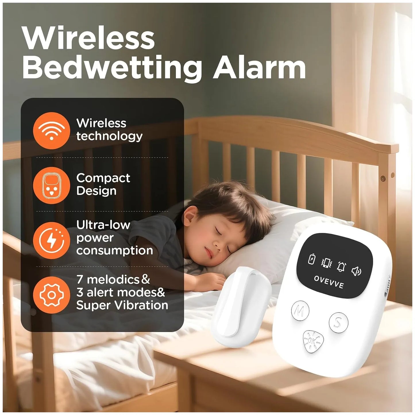 Wireless bedwetting alarm shown in a bedroom scene with a child sleeping in bed, plus a large product close-up and feature callouts on the left.
