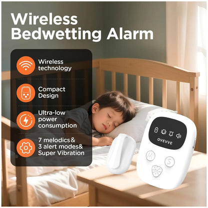 Wireless bedwetting alarm shown in a bedroom scene with a child sleeping in bed, plus a large product close-up and feature callouts on the left.