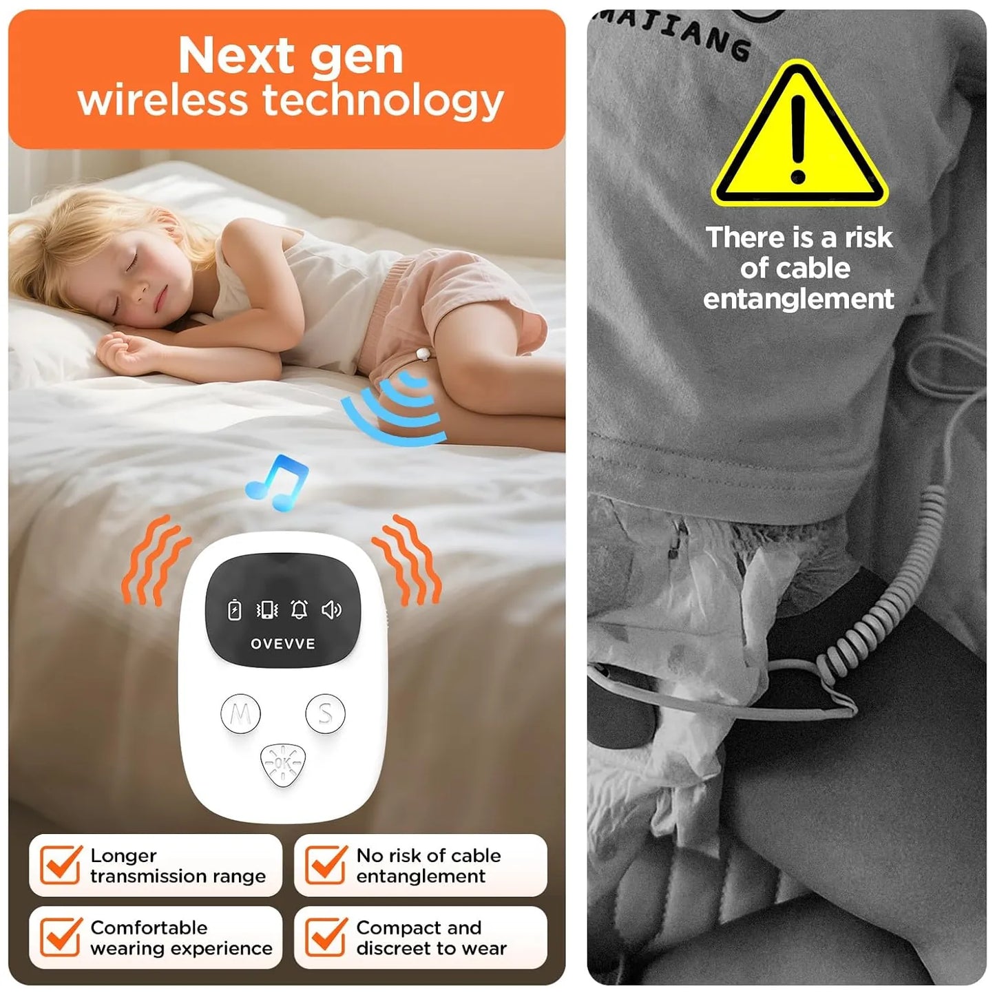 Promotional graphic for the wireless diaper alarm. The left side shows a child sleeping peacefully while wearing the alarm, with a white control panel and feature icons overlaid.