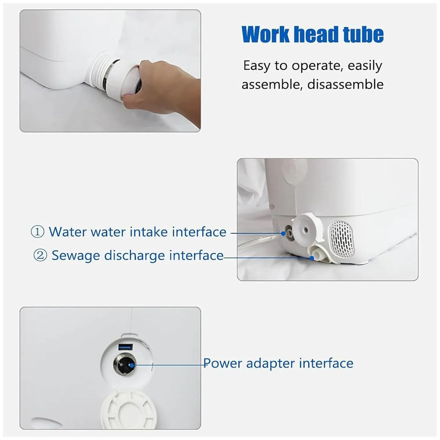 Instruction diagram showing how to operate and connect a white sewage disposal device. The diagram includes a photo of a hand attaching a work head tube, labels for the water intake interface, sewage discharge interface, and power adapter interface, with text stating 'Work head tube' and 'Easy to operate, easily assemble, disassemble'.
