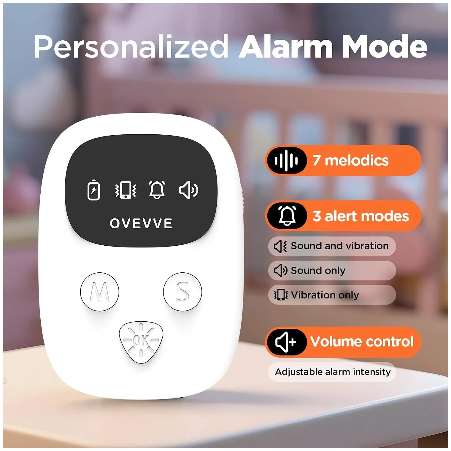 White bedwetting alarm with personalised alarm modes remote control with a black display screen and three buttons, shown next to feature callouts on a blurred indoor background.