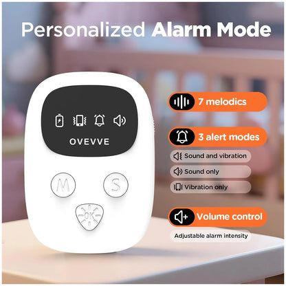 White bedwetting alarm with personalised alarm modes remote control with a black display screen and three buttons, shown next to feature callouts on a blurred indoor background.