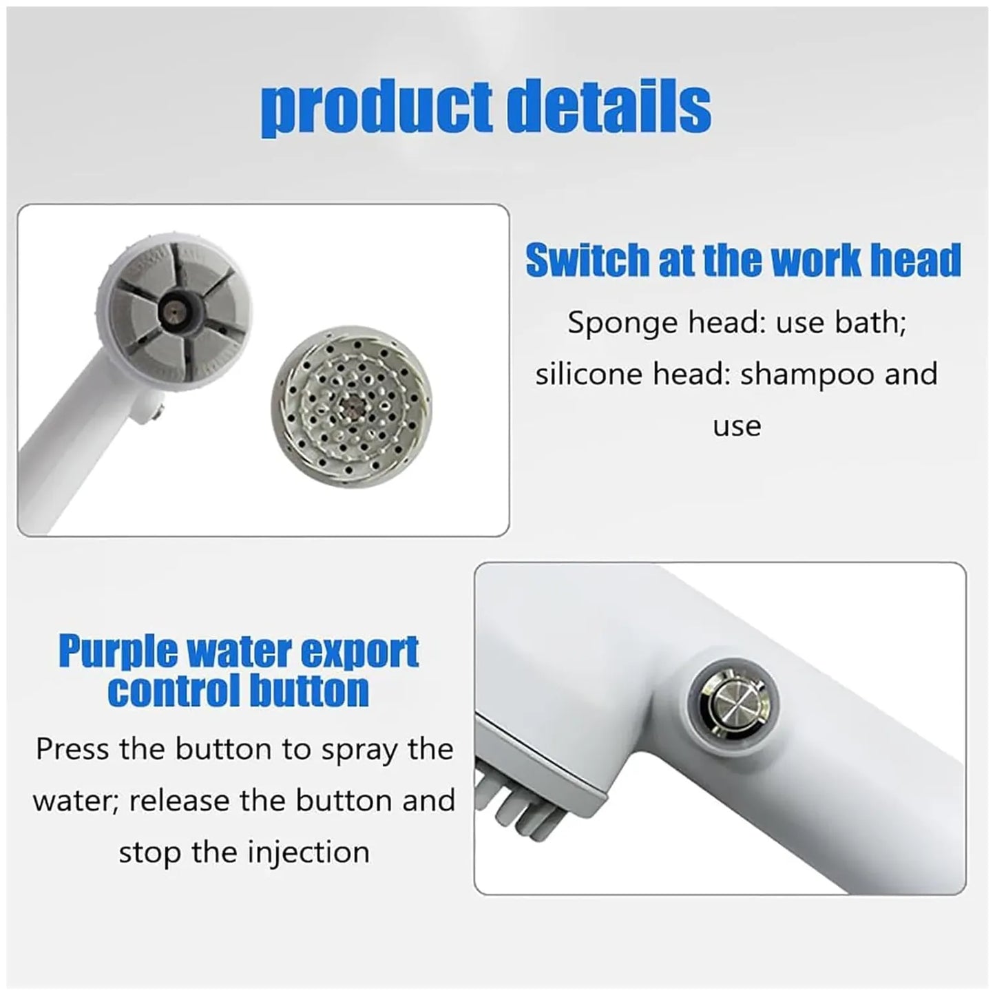 Product details infographic for a white handheld shower head, showing close-up views of the spray heads and a purple water export control button with explanatory text.