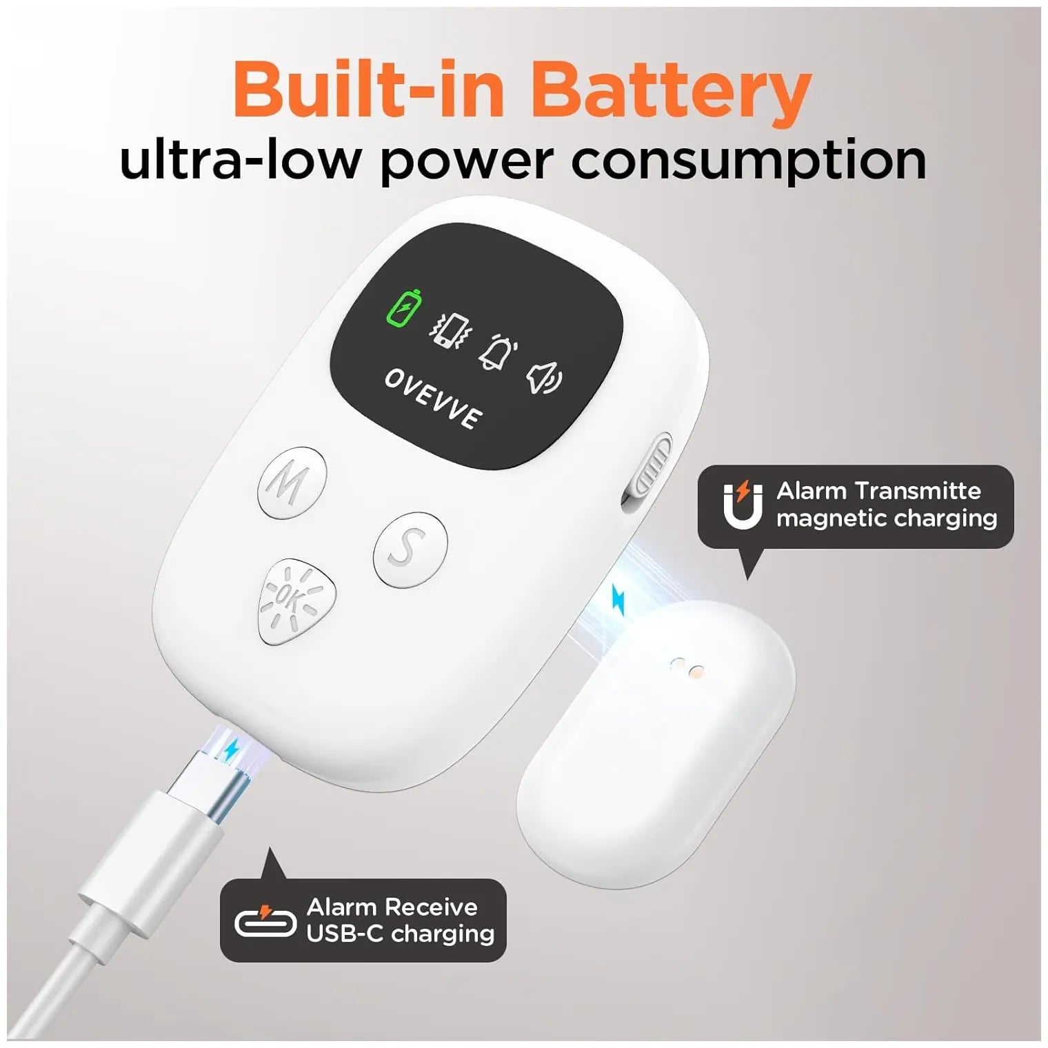 White wireless bedwetting alarm transmitter and receiver set with a black display screen, shown with text overlays highlighting features like USB-C charging and magnetic charging.