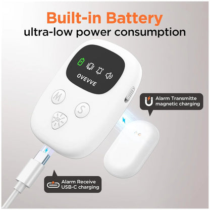 White wireless bedwetting alarm transmitter and receiver set with a black display screen, shown with text overlays highlighting features like USB-C charging and magnetic charging.