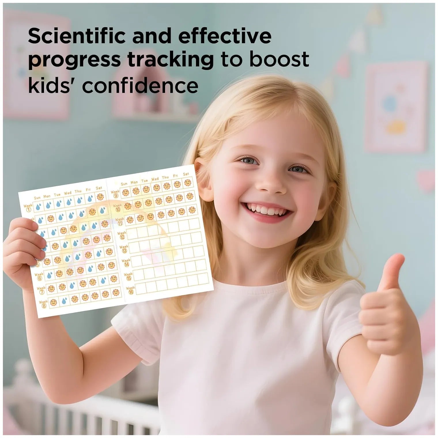 A young blonde girl smiling and giving a thumbs-up while holding a progress tracking sticker sheet in a nursery setting. Text at the top reads, 'Scientific and effective progress tracking to boost kids' confidence.