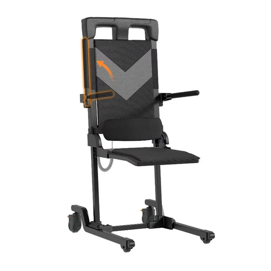 A black and gray vocic ax35 adjustable standing desk chair with a mesh backrest, armrests, and caster wheels, featuring an orange graphic arrow indicating backrest adjustability on a white background.