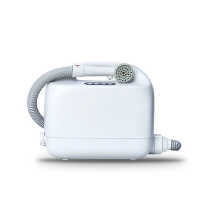 White handheld shower device with hose on a white background