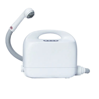 White handheld shower device with hose on a white background