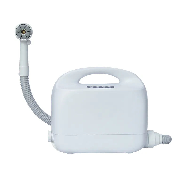 White handheld shower device with hose on a white background
