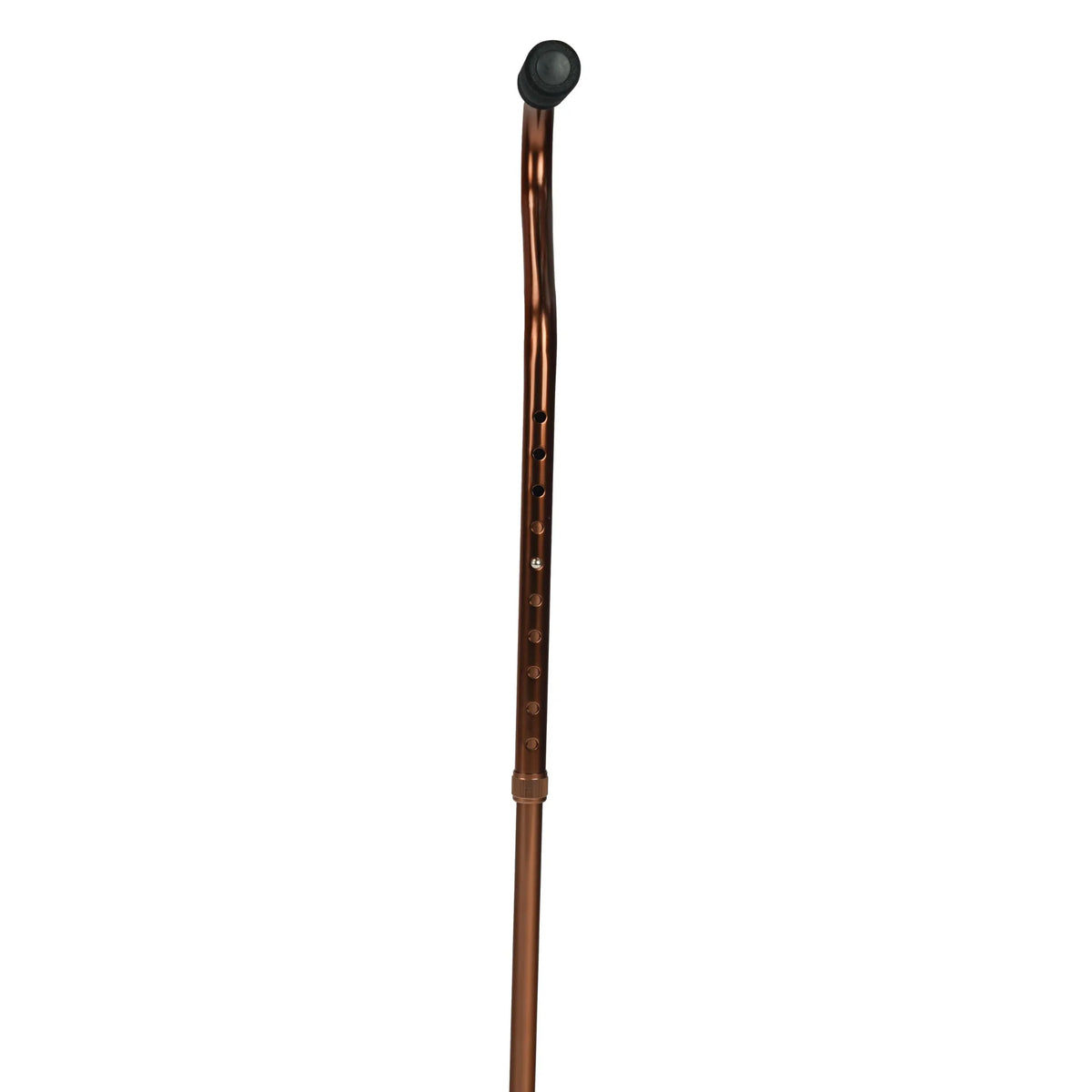 A single crutch-style walking cane with a metallic bronze-brown shaft, black adjustment dials, and a black rubberized tip, shown vertically against a plain white background.
