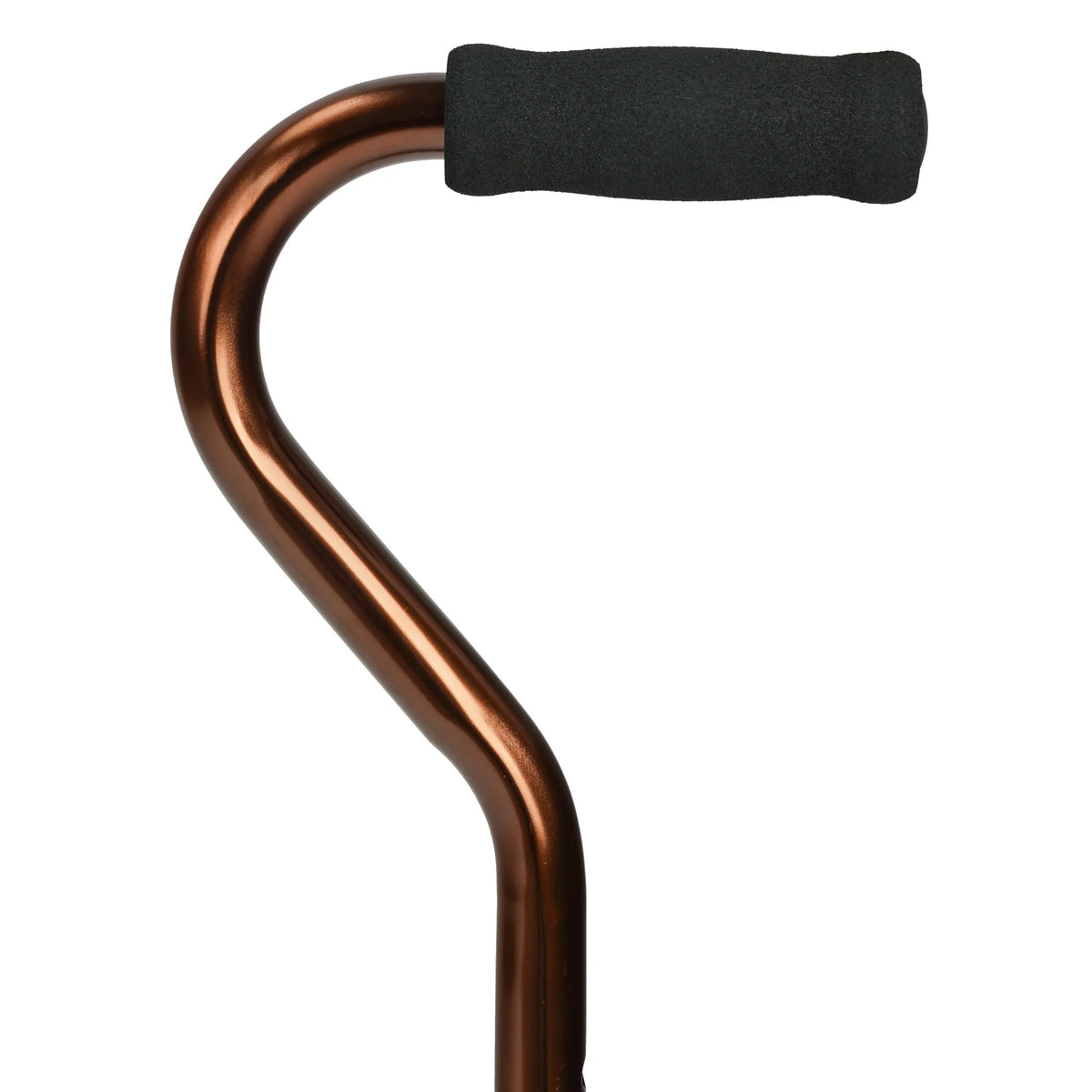 A close-up of a curved metal cane with a copper-colored shaft and a black foam grip handle, isolated on a white background.