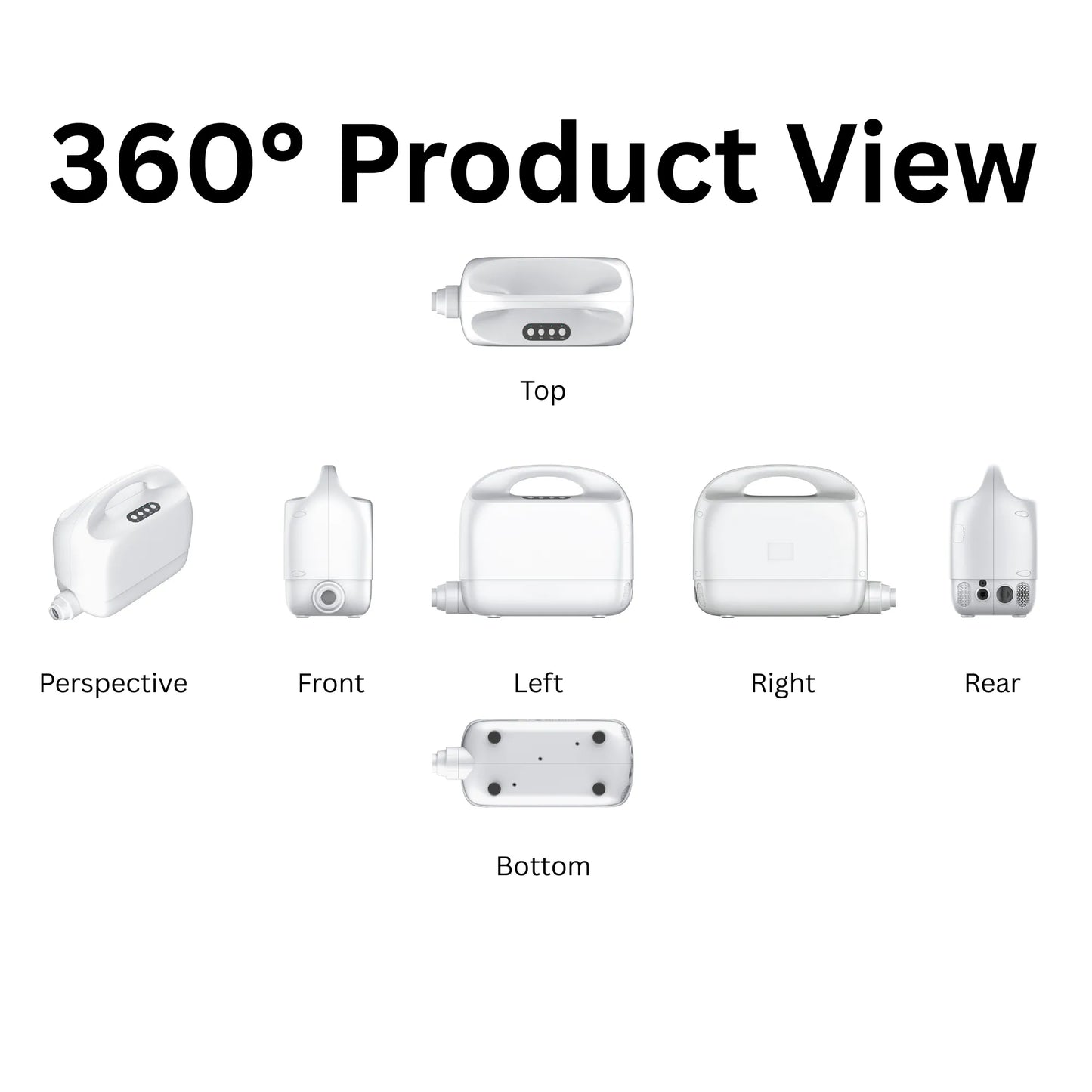 6-view diagram of a product showing top, front, left, right, rear, and bottom perspectives.