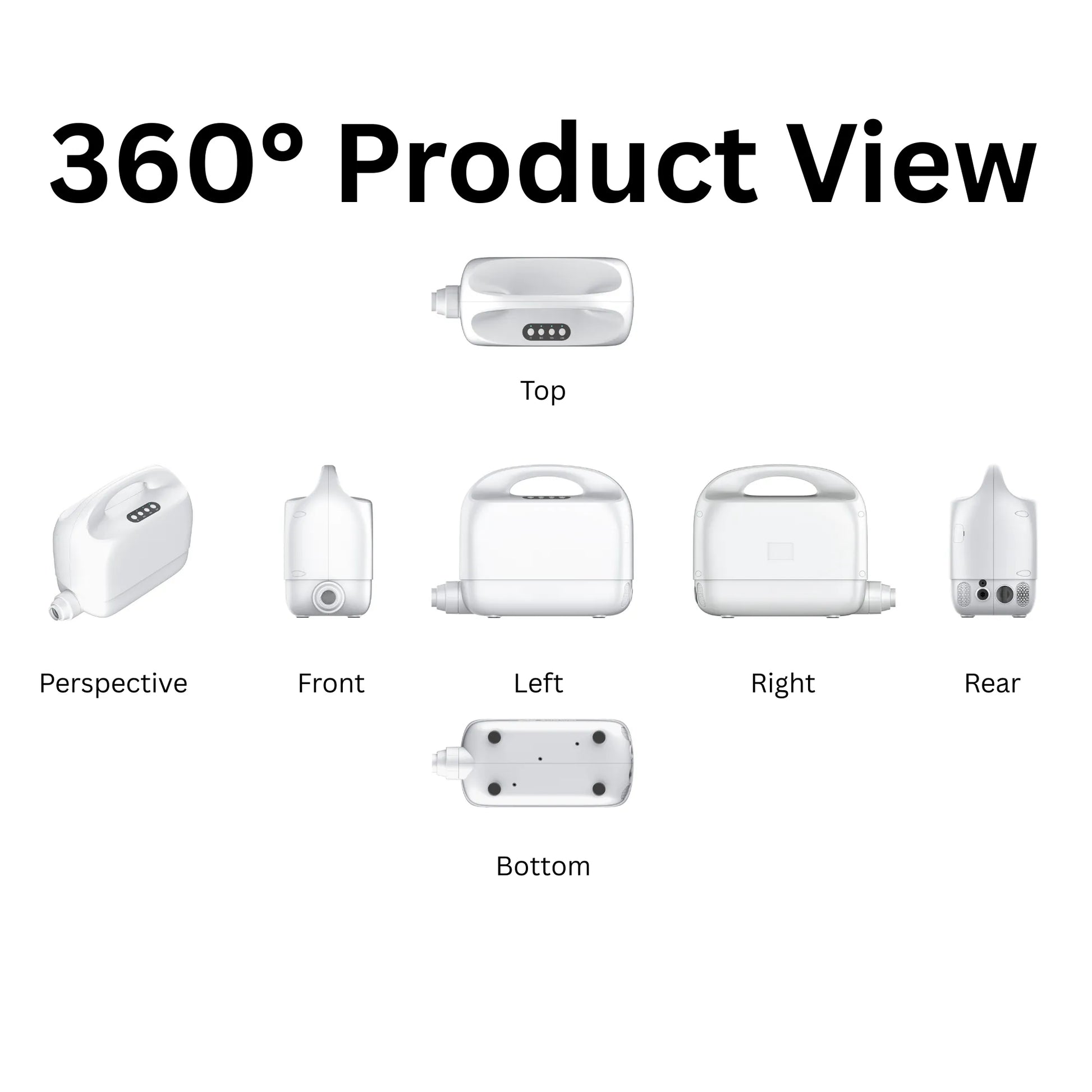 6-view diagram of a product showing top, front, left, right, rear, and bottom perspectives.