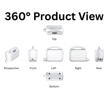 6-view diagram of a product showing top, front, left, right, rear, and bottom perspectives.