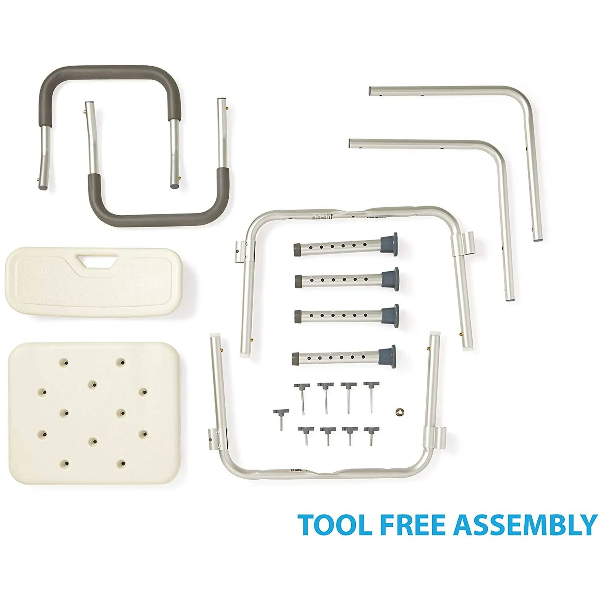 Shower chair components with tool-free assembly text on a white background