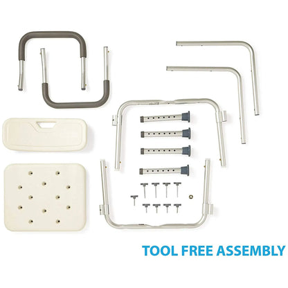 Shower chair components with tool-free assembly text on a white background