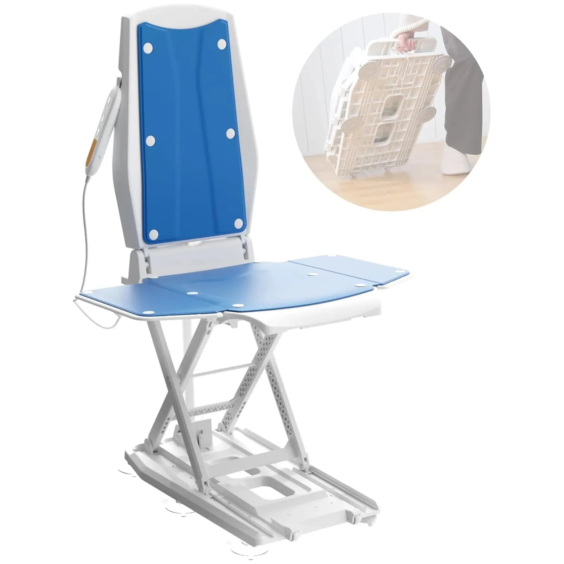 Blue and white lifting chair with inset showing use.
