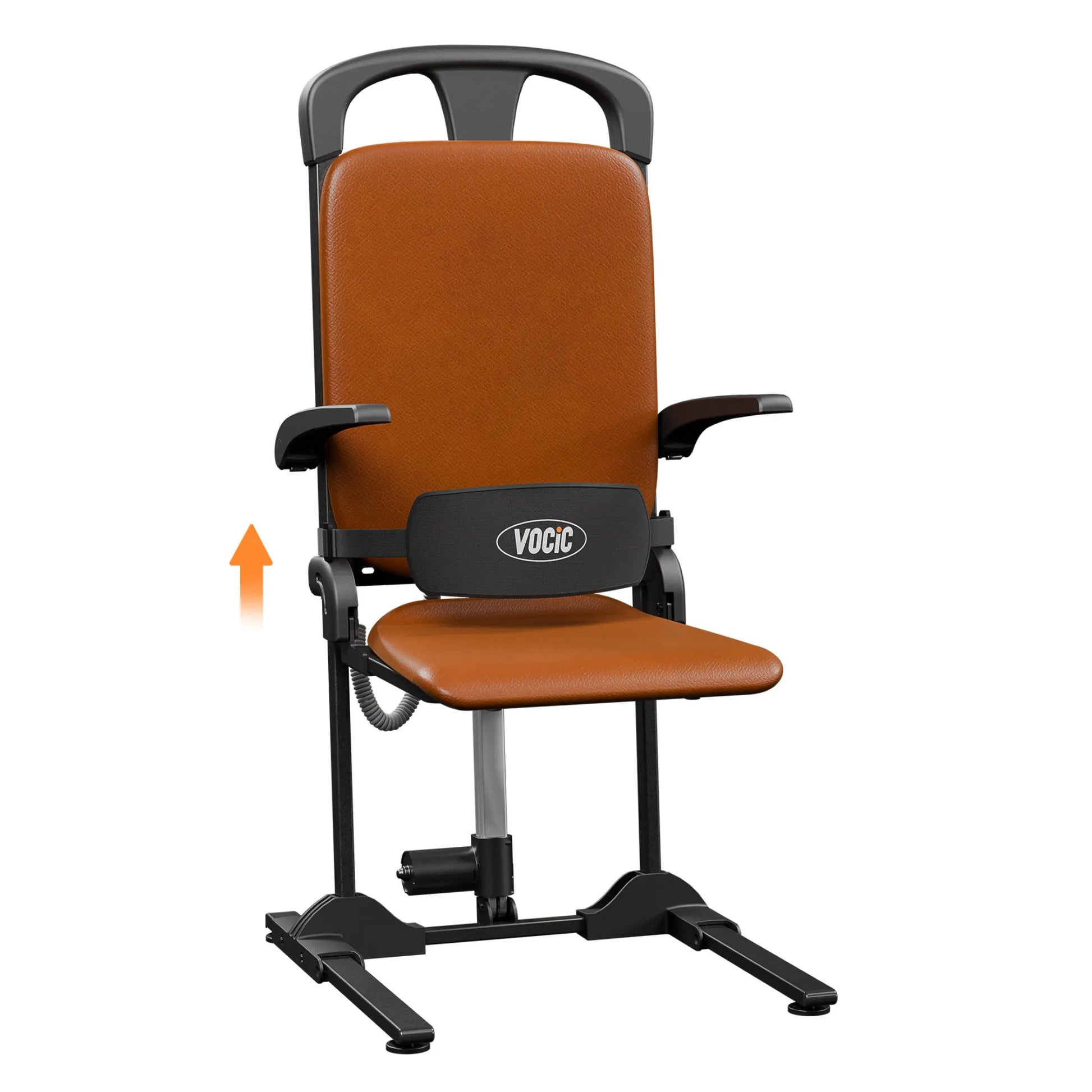 A brown electric chair lift with a black frame, situated in a folded position, designed for lifting individuals up from the floor.