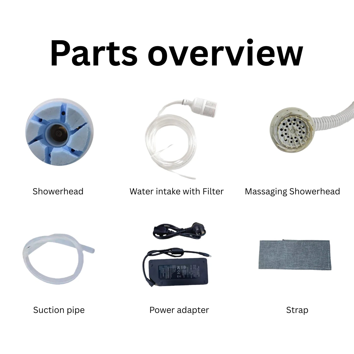 List of parts for a shower system including showerhead, water intake with filter, massage showerhead, suction pipe, power adapter, and strap on a white background.