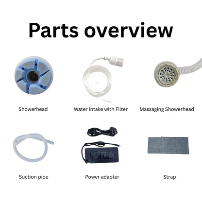 List of parts for a shower system including showerhead, water intake with filter, massage showerhead, suction pipe, power adapter, and strap on a white background.