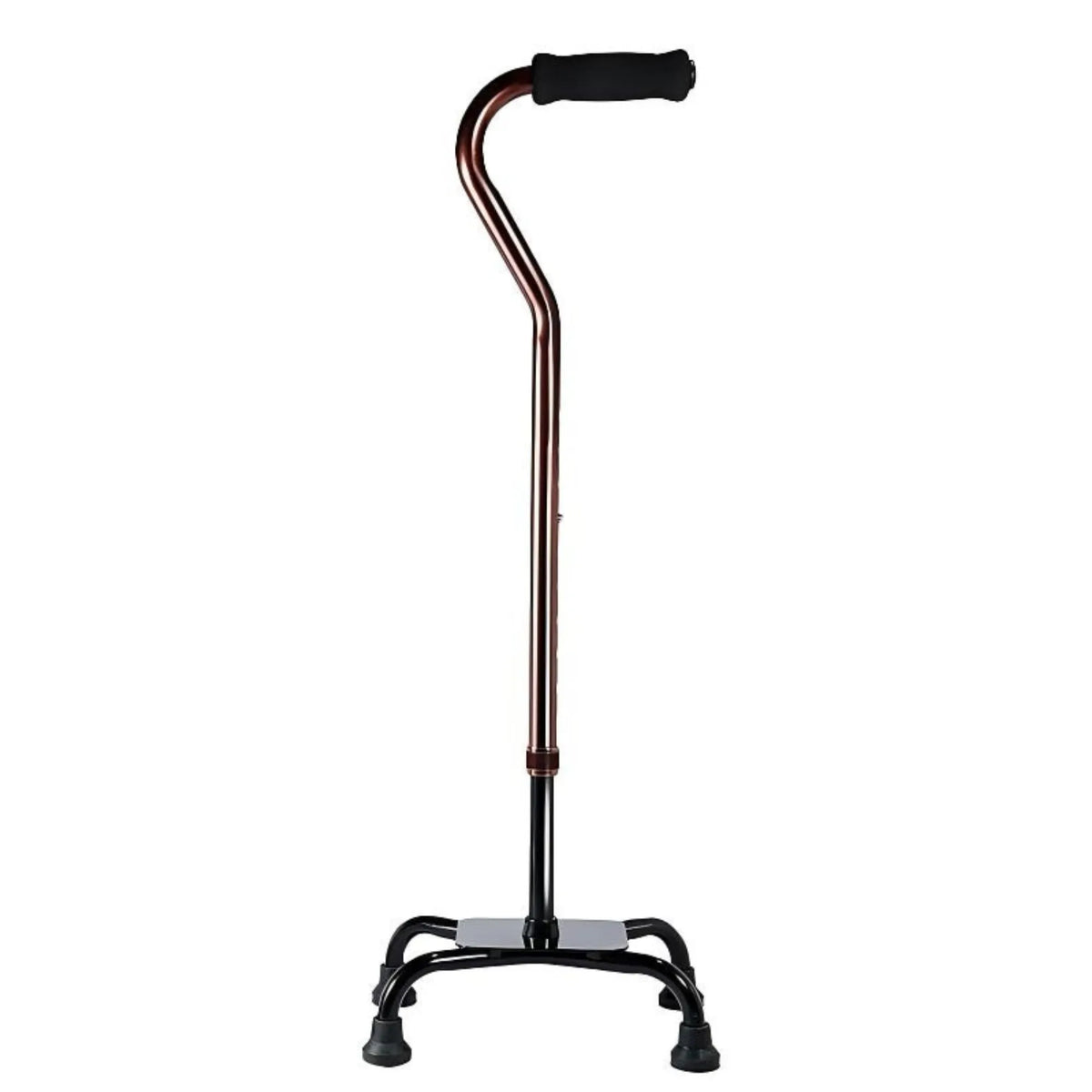 A four-wheel cane with a curved metal shaft, black handle grip, and four rubber feet, shown on a plain white background.