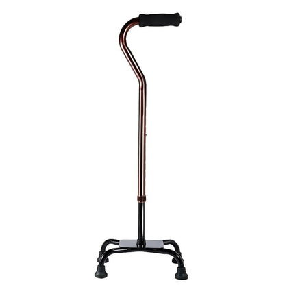 A four-wheel cane with a curved metal shaft, black handle grip, and four rubber feet, shown on a plain white background.